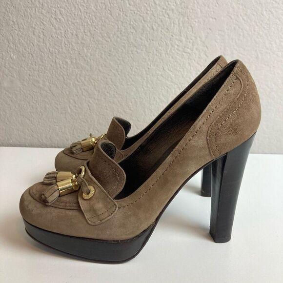 Stuart Weitzman Brown Taupe Suede Pumps Tassup Platform Heels with Tassel sz 5.5 - Picture 1 of 8